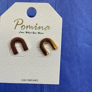 Pomina Brown and Gold Horseshoe Stud Earrings